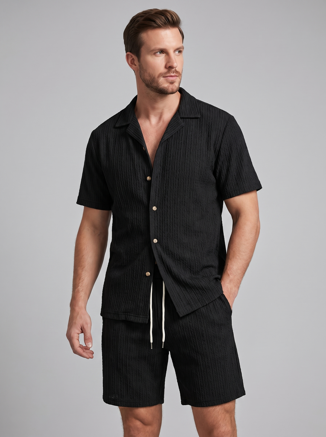 Men's Textured Stripe Short Sleeve Co-Ord Set
