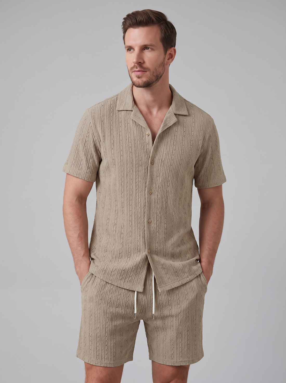Men's Textured Stripe Short Sleeve Co-Ord Set