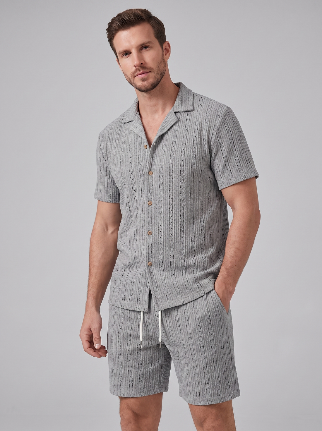 Men's Textured Stripe Short Sleeve Co-Ord Set