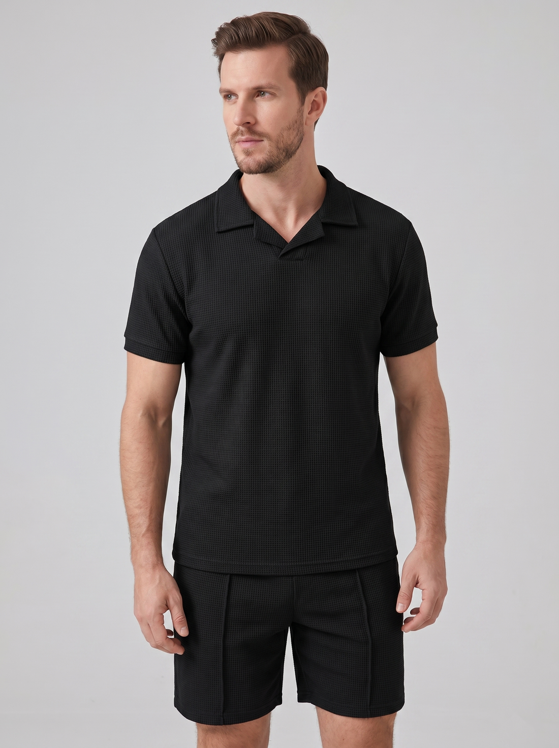 Men's Waffle Knit Polo and Shorts Set