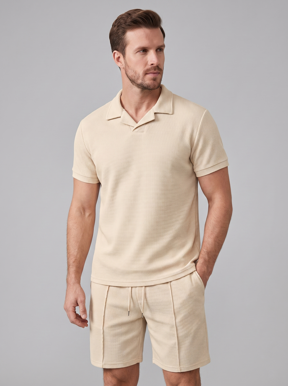 Men's Waffle Knit Polo and Shorts Set