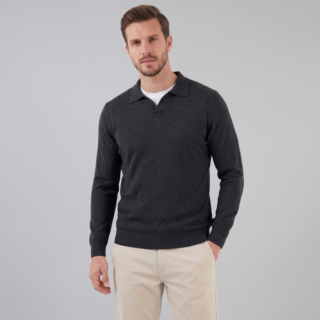 Men's Wool V-Neck Polo